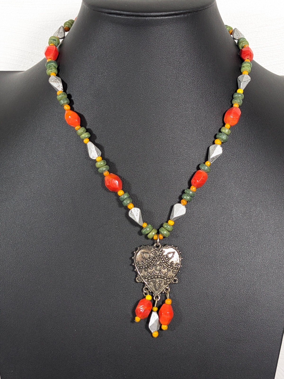 Beachy Coastal Tribal Orange Green Heart Charm Beaded Necklace 17 inch