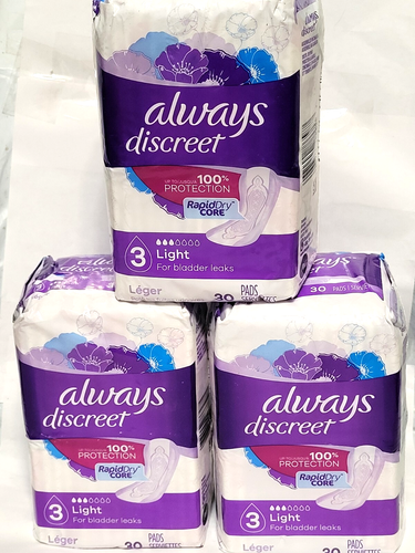 Always Discreet Incontinence - Light #3 Pads for Women, 3 packs of 30 count