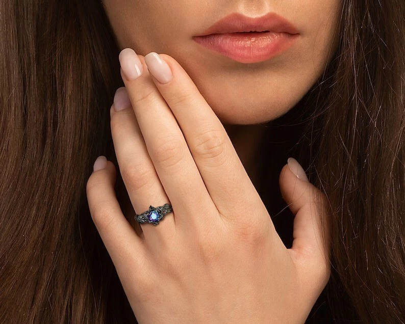 Black Rhodium Sterling Silver Alexandrite Engagement Ring Rose Style Women Ring - Image 2 of 4