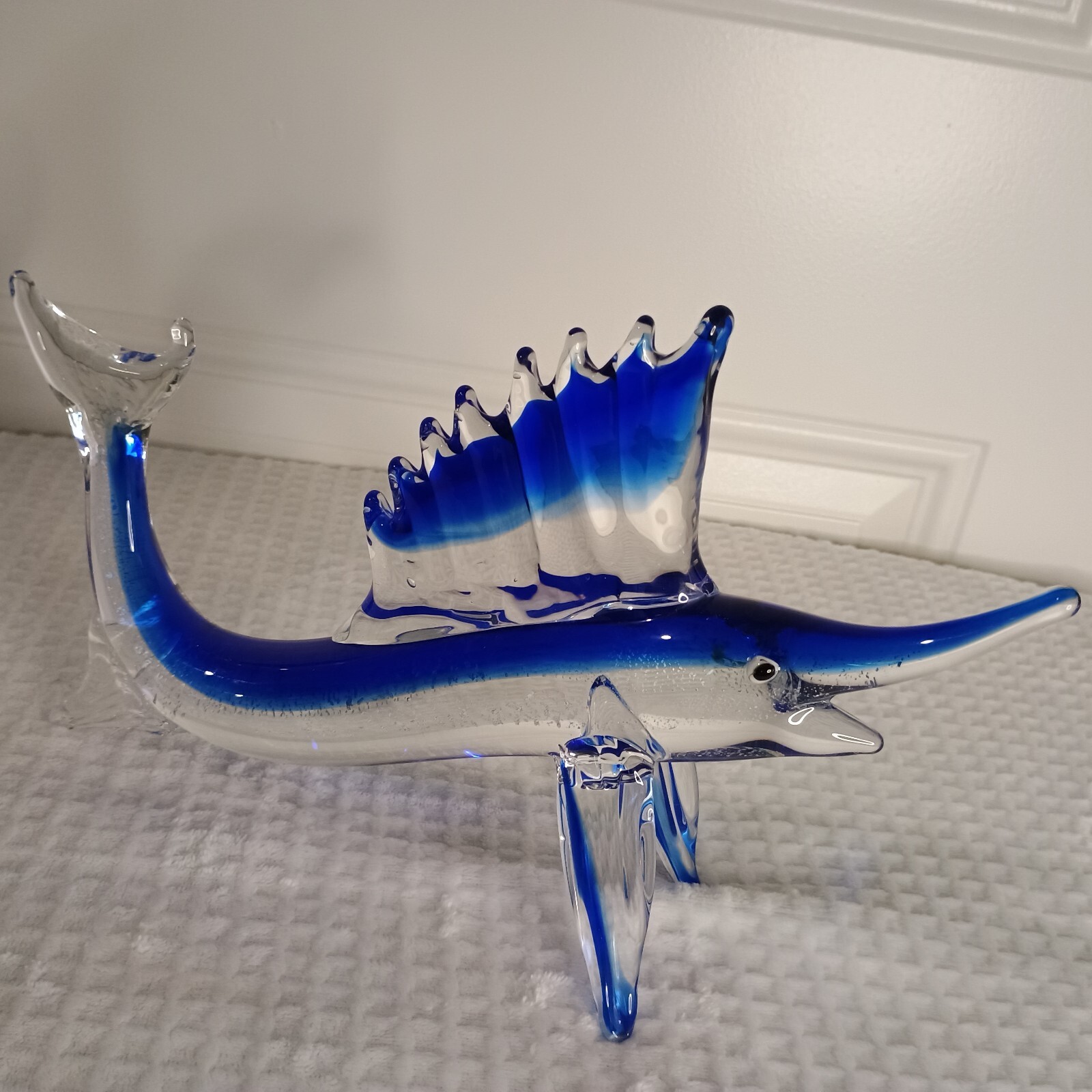 Stunning Hand-Blown Glass Blue & White Marlin Fish Decor 12.5 Inches