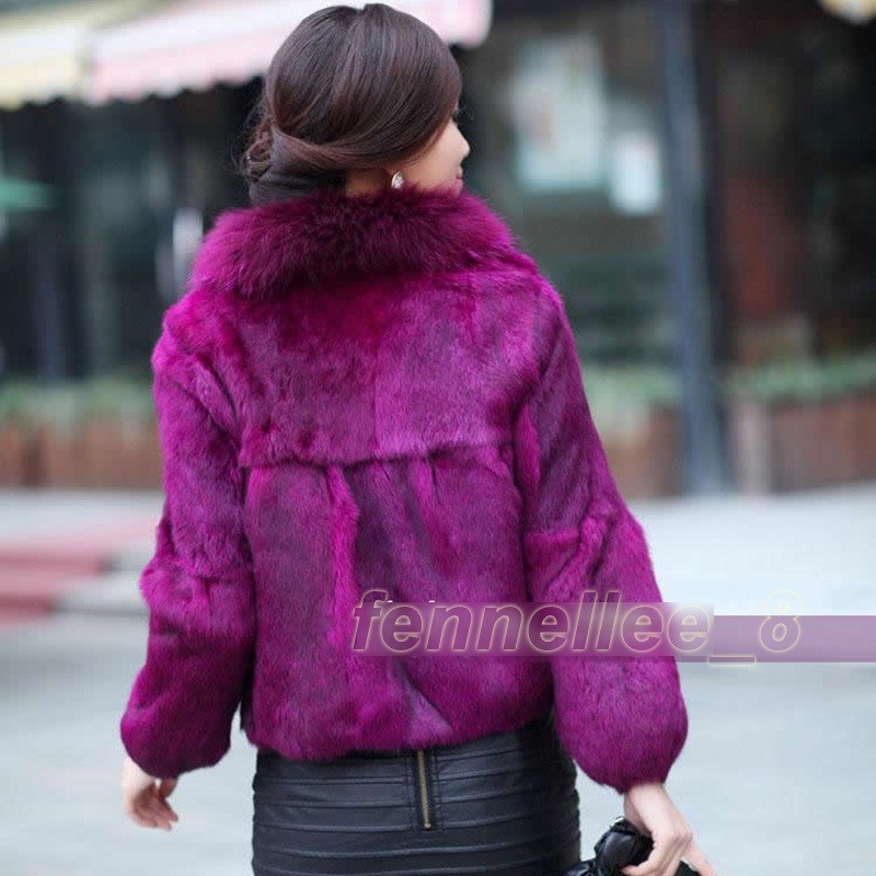Womens Raccoon Fur Collar Genuine Rabbit Fur Jacket Outwear Coat Winter