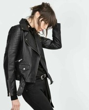 Zara Quilted Lambskin Leather Zip Belted Biker Jacket Festival Xs S Rrp£199