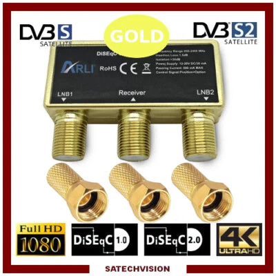 Commutateur DiSEqC 2/1 Gold ARLI + 3 Fiches F 7 mm Gold à visser avec joint - Photo 1/2