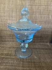 Vintage Paden City Glass Etched Ice Blue GAZEBO Covered Candy Dish 10"