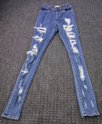 Aphrodite Skinny Distressed Jeans Women's 3/26 Mid Rise Denim Blue Zip Fly