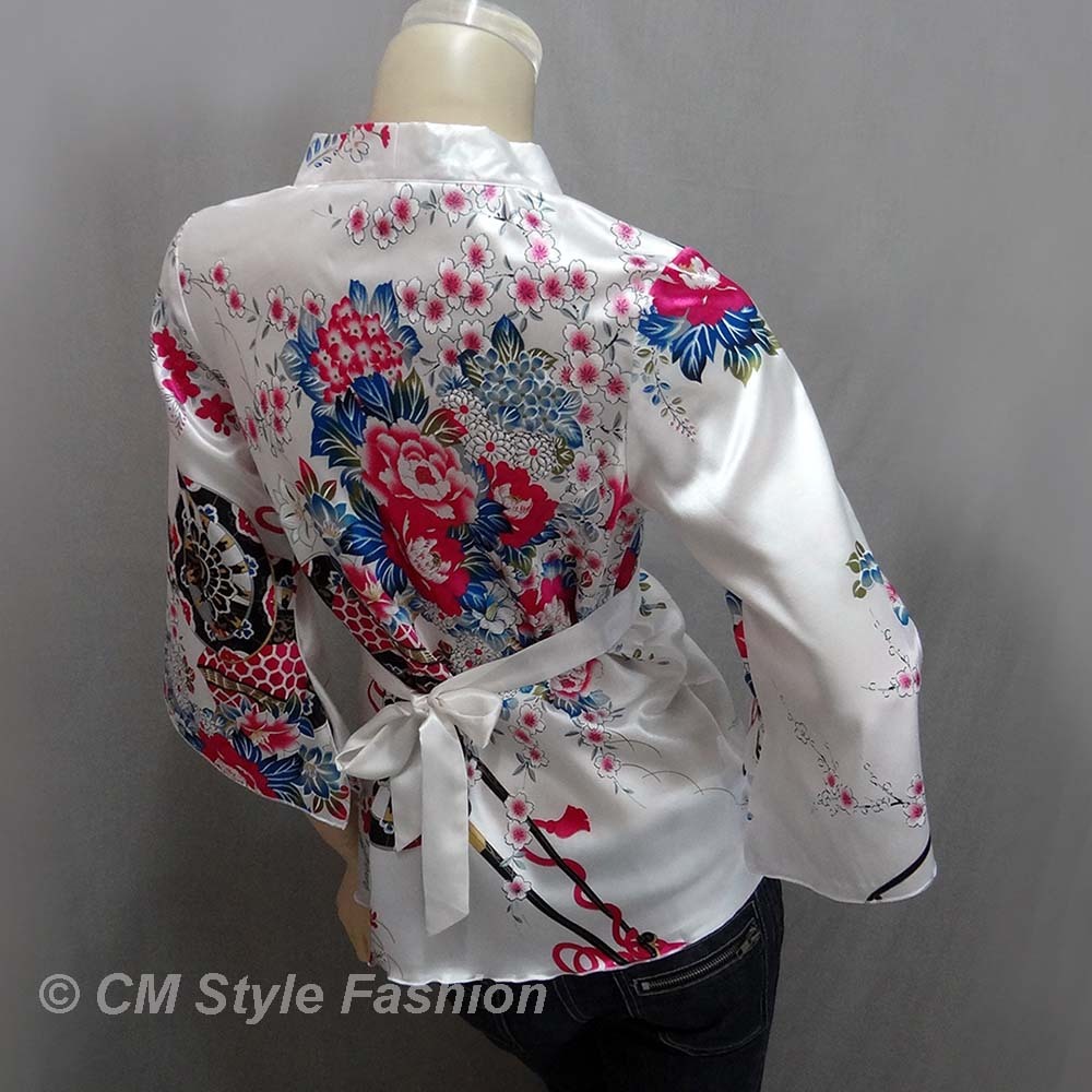 Japanese Kimono Floral Silky Satin Blouse Top White S/M/L/XL