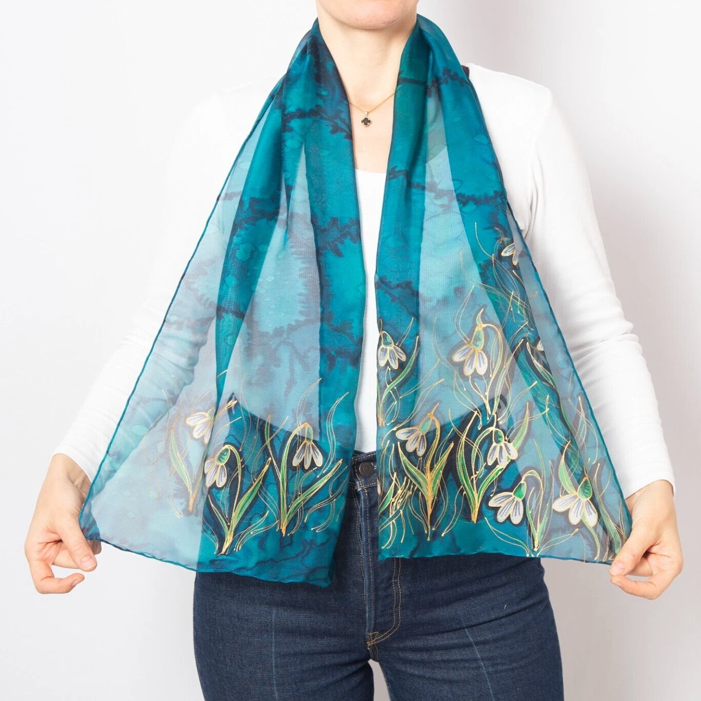 Hand Painted Silk Scarf Snowdrop Blue Silk Chiffon Scarf Spring Scarf Gift