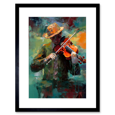 Geiger mit Hut spielt Musik auf seiner Violine gerahmter Wandkunstdruck 9 x 7 Zoll