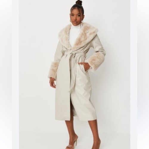 NWT Misguided 6 Faux Fur Leather Cream Long Jacket eBay