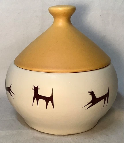Vintage MCM McCoy Pottery Upjohn For Unipet Dog Cat Treat Bowl With Lid