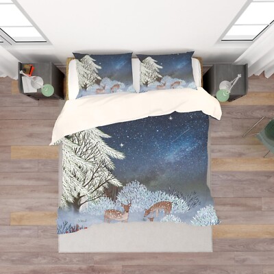 3D Deer Forest Winter Night Scene Quilt Cover Set Bedding Sets Pillowcases Queen