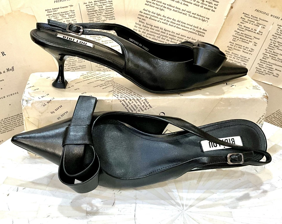 Anthropologie Bibi Lou Tacones de Gatito Anudados Cuero Negro 40/9-9.5 NUEVO Foto 3 de 4