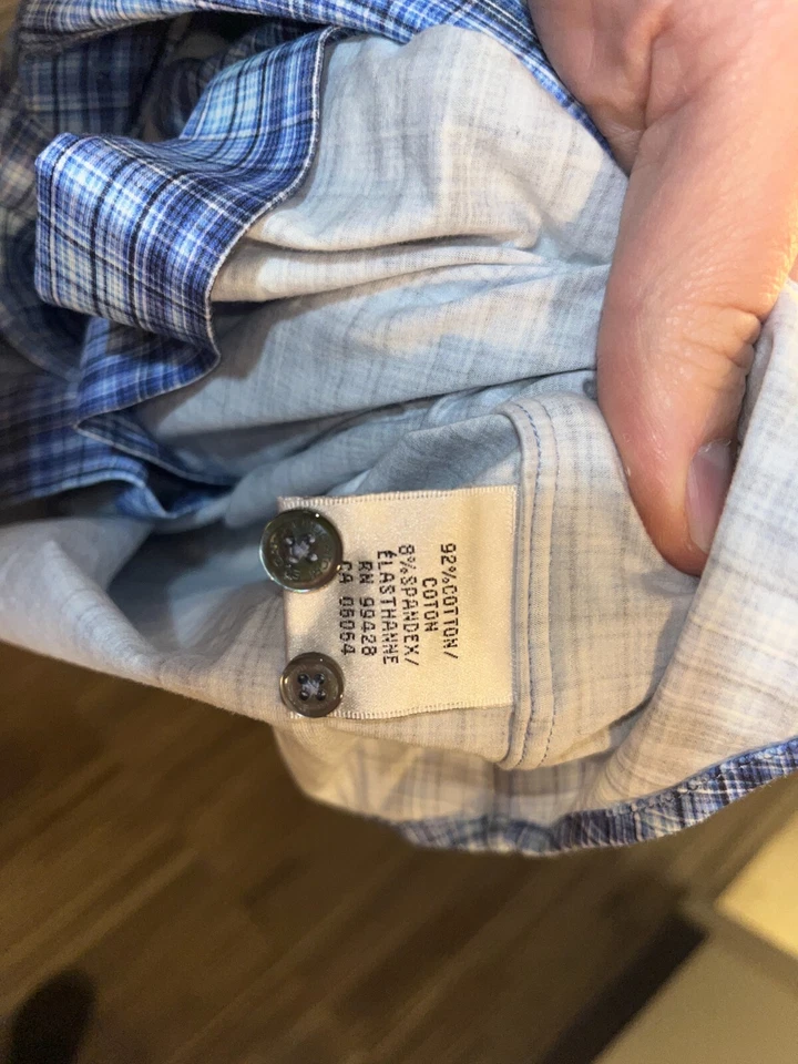 BUGATCHI Men's blue and white plaid 8-Way Stretch long sleeve shirt Medium M EUC - Image 3 of 4