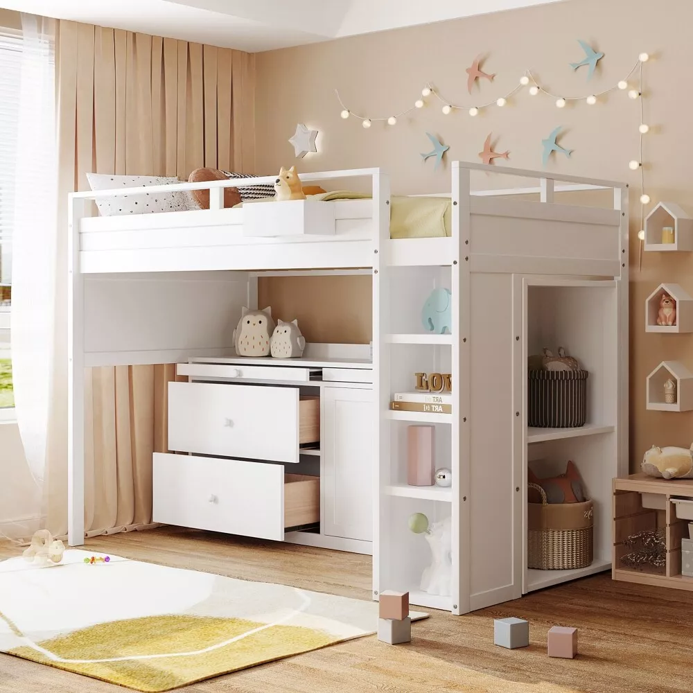 Twin Size Loft Bed with Rolling Cabinet and Desk For Kids Teens