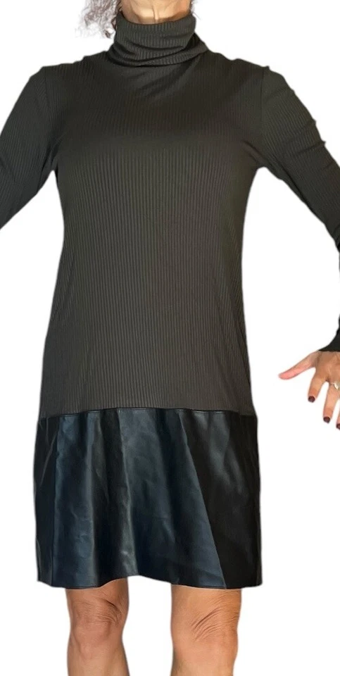 Vestido Bailey 44 PIXIE Verde Acanalado Cuero Borde Cuello Alto Cambio Medios Mixtos M Foto 4 de 4