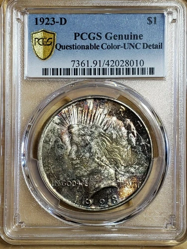 1923 D Silver Peace Dollar Toned PCGS UNC Detail 8010