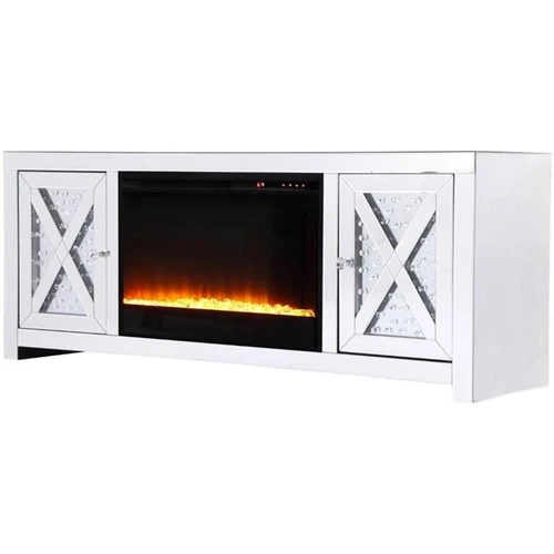Elegant Decor Modern 2 Door 59" Clear Mirrored Crystal Fireplace TV Stand - Picture 1 of 10