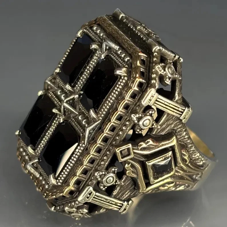 Sterling Silver Black Onyx Cross Ring: Art Deco Bronze Accent Turkish Design - Image 3 of 4