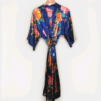 Women's Large & Long Silky Robe W Waist Tie Blue W Roses Floral Design