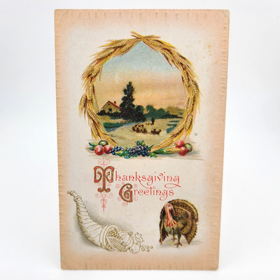 Postcard Thanksgiving Greetings Farm Scene Sheep Herder Fruit Wheat Wreath