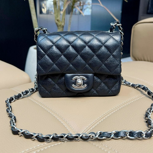 Chanel Classic Flap Calfskin Diamond Silver Chain Black Shoulder Bag Crossbody
