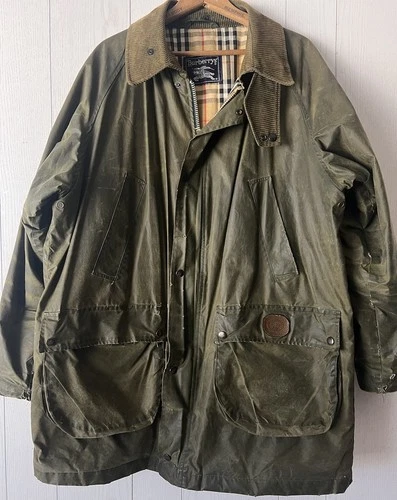 BURBERRYS Vintage Made In England Waxed Army Green mens Barn Jacket  L/XL Large