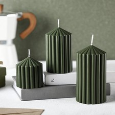 Conelist Set of 3 Moss Green Ribbed Pillar Candles Soy Wax Scented Candles