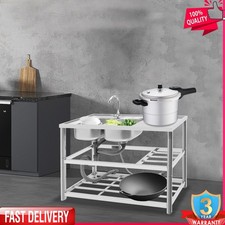 2 Compartment Commercial Kitchen Sink Prep Table with Faucet Set Stainless Steel