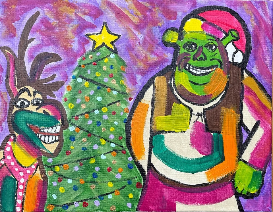 ÚNICO "Shrek and Donkey" 11x14 Lienzo Expresionismo Diseño Abstracto Arte en el Hogar Foto 2 de 4