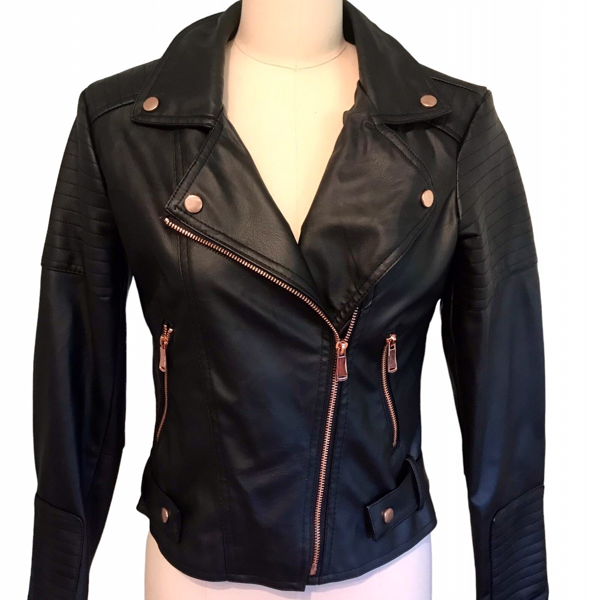 Miss London Faux Leather Black Moto Jacket Rose Gold Hardware Punk