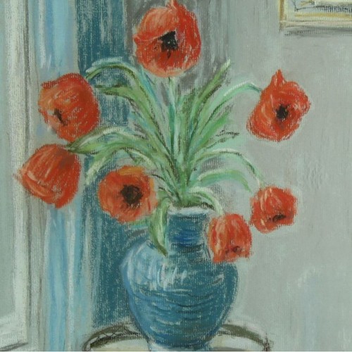 Original Signed Framed Mid-Century Poppies Blue Interior Pastel Drawing Ricketts - Picture 2 of 4