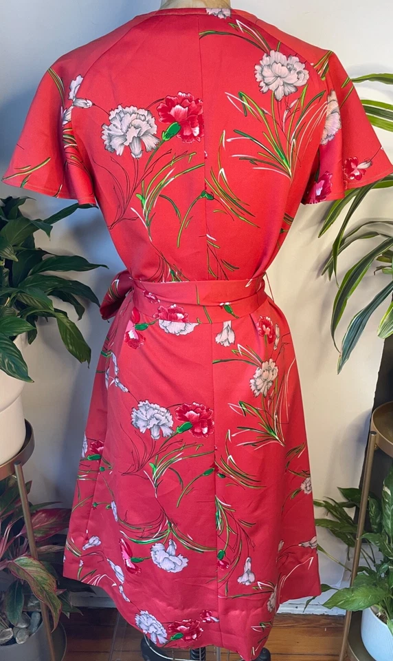 VESTIDO ENVOLVENTE VINTAGE AÑOS 70 BOHO DISCO ROJO Y BLANCO VERDE FLORAL MANGA ACAMPANADA CINTURÓN*S/M Foto 4 de 4