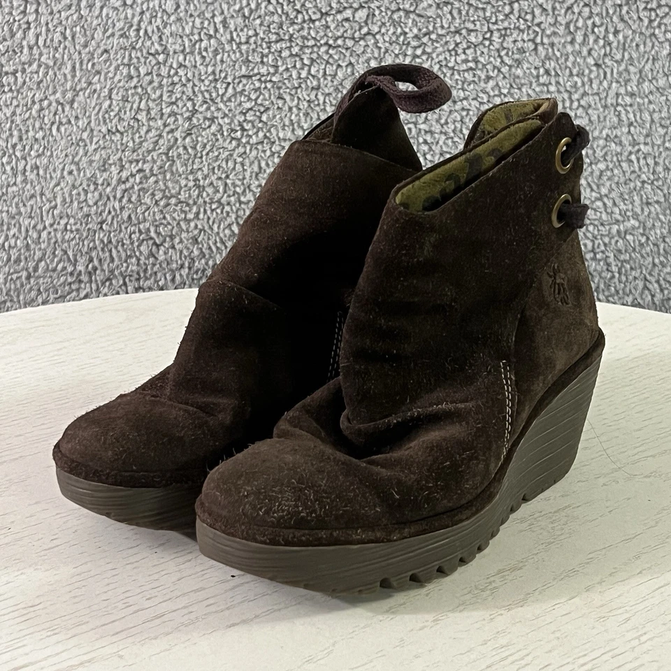 Fly London Botas Mujer 38/8 Marrón Gamuza Yama Acanalado Cuña Plataforma Botines Foto 2 de 4