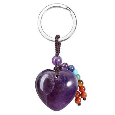 Natural Crystal Heart Gemstone Keychain 7 Chakra Healing Stone Key Charm Top