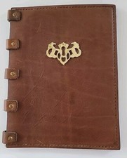 Antique Leather Folding Picture Frame with Brass Decoration on Front 8 3/8x 6.5"