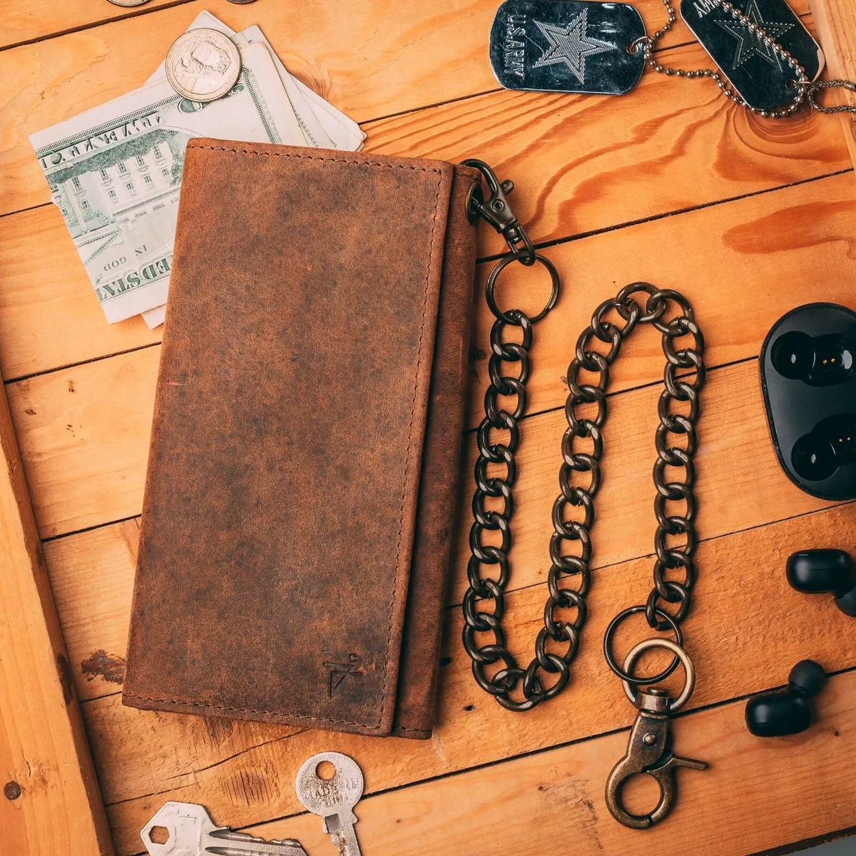 RFID Leather Long Trifold Chain Wallet for Men Crazy Horse Rustic Brown J312
