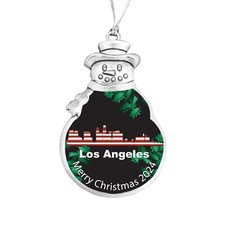 Los Angeles City Skyline Vacation 2024 Silver Snowman Christmas Ornament Gift