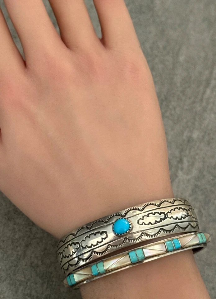Vintage Navajo SLEEPING BEAUTY Turquoise STAMPED Sterling Silver Bracelet - Image 2 of 4