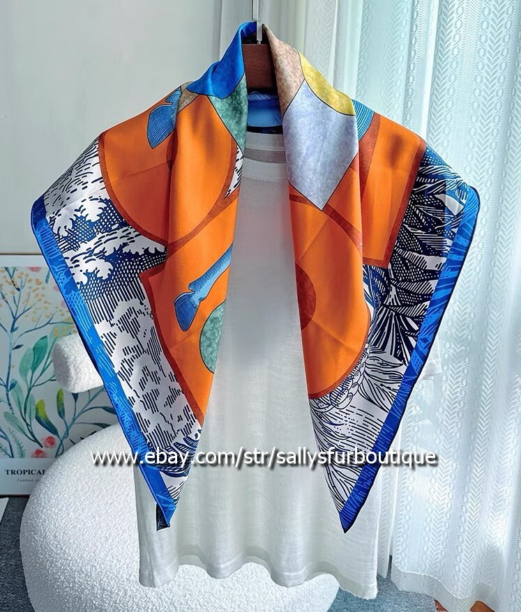 Horse Geometric Print 18 Momme Twill Silk Wrap Scarf Stole Double Face Shawl 35