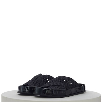 FENDI 795$ REFLECTIONS Black Slide Sandal, Woven Crossover