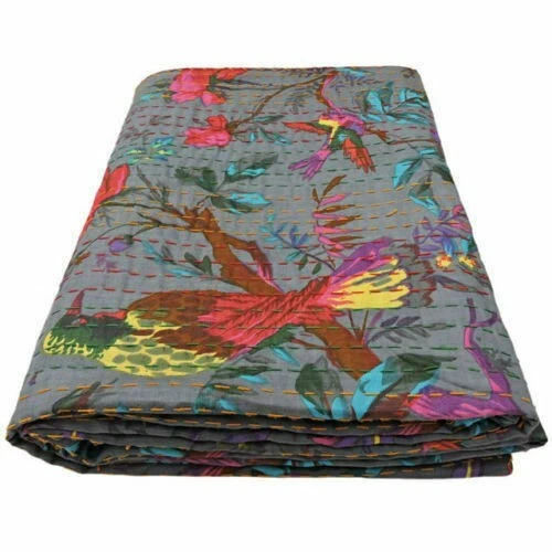 Edredón Kantha reversible estampado floral algodón Gudari tamaño king bloque mano indio Foto 4 de 4