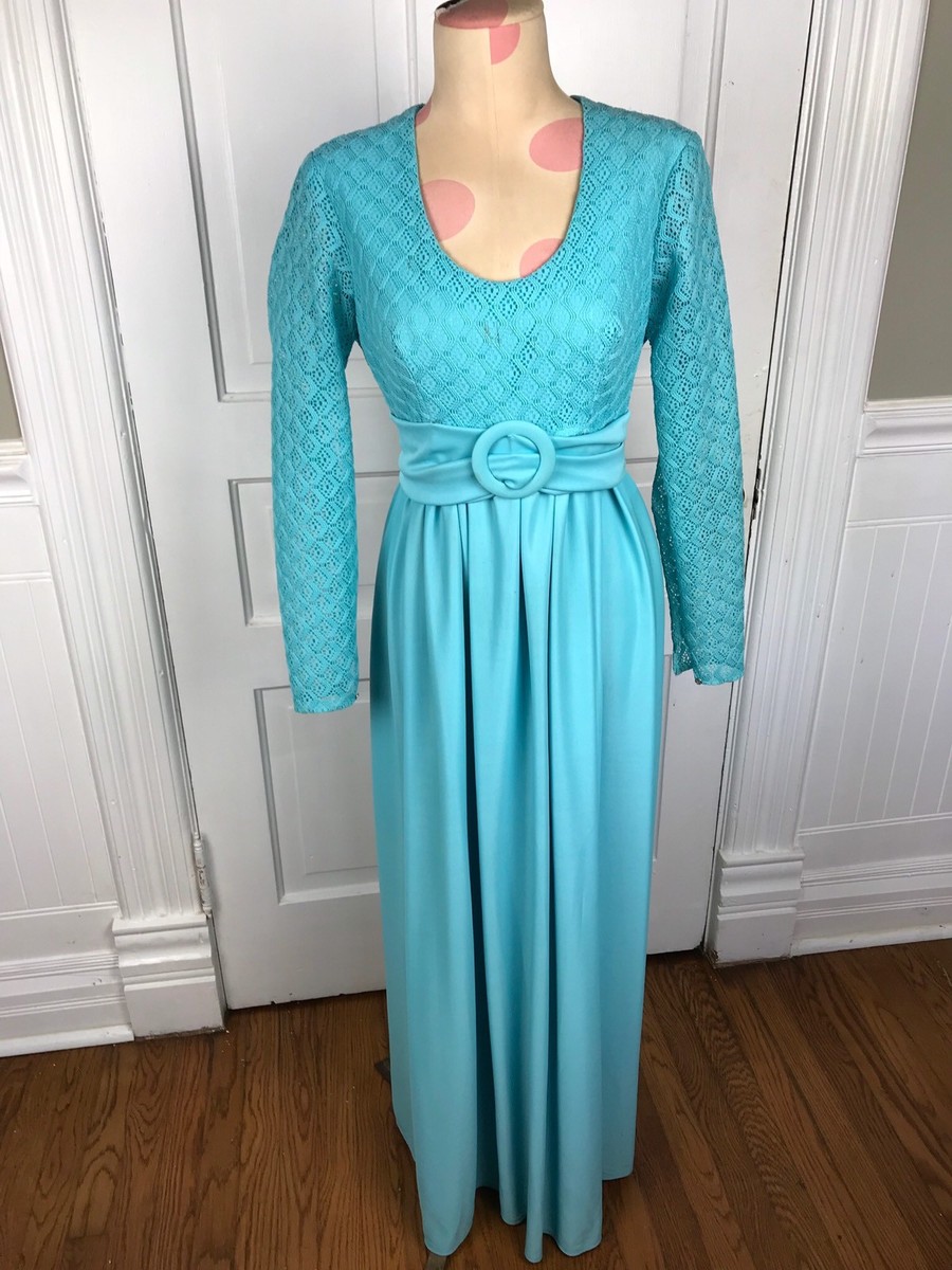 VINTAGE LADIES AQUA LONG SLEEVE FORMAL LONG DRESS