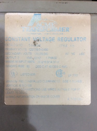 Acme Single Phase Transformer T 1 P 1 8 240 480 S 1 8 240 2 Kva Ebay