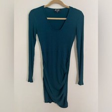 NASTY GAL Women’s Hunter Green Ruched Scoop Neck Ribbed Long Sleeve Dress XS