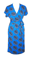 ANN TAYLOR 00 S Wrap Dress Sky Blue Grey Leaf Print V Neck Mod Retro EUC