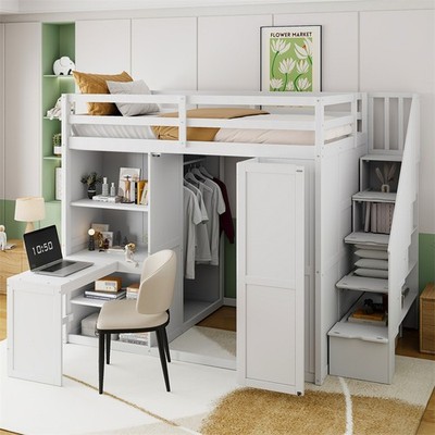 Full Size Wood Loft Bed w/Desk,Storage Shelves and Wardrobe with Foldable Door 