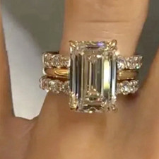 Maxine Yellow Gold Emerald Shape Clear simulated Diamond Wedding Ring Set