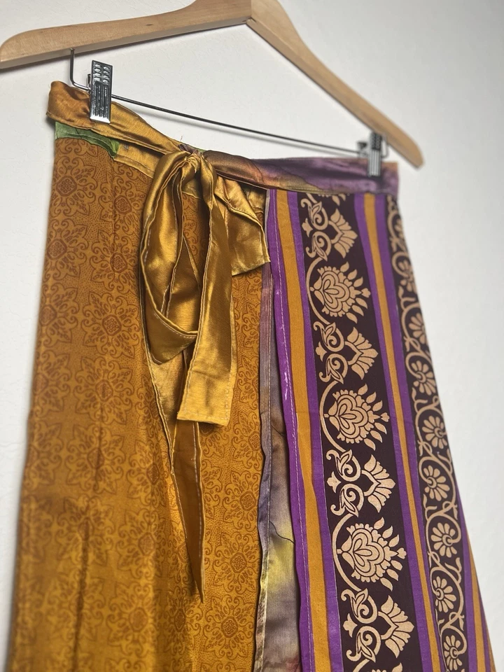 Recycled 100% Silk Long Maxi Wrap Skirt Free Size Floral Rust Gold Gypsy Boho - Image 4 of 4