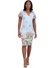 Eliza J Printed V-Neck Bubble-Sleeve Sheath Dress Women's 2 Light Blue Back Zip