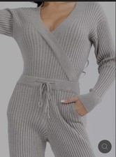 Gray Ribbed Knit Jumpsuit, Long Sleeve, V-Neck, Drawstring Waist, Pockets